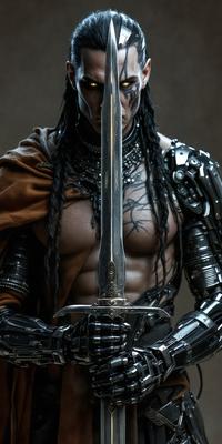 The primary subject of the image is a man wearing a metal suit and holding a sword. The man appears to be a warrior or a character from a fantasy story. The setting is a dark room, which adds to the dramatic atmosphere of the scene. The visual style is a combination of photo and digital art, creating a realistic yet fantastical representation of the man and his surroundings. The colors are predominantly dark, with the man's suit and the sword being the main focus, while the background remains